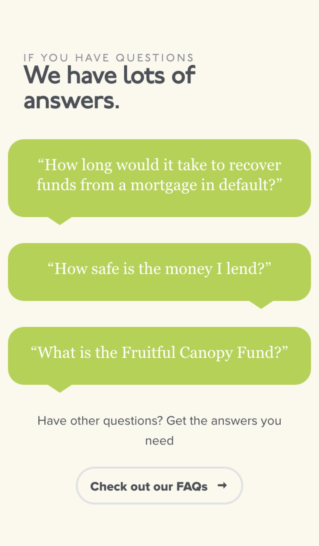 Screenshot of Fruitful secured lending FAQs on mobiles