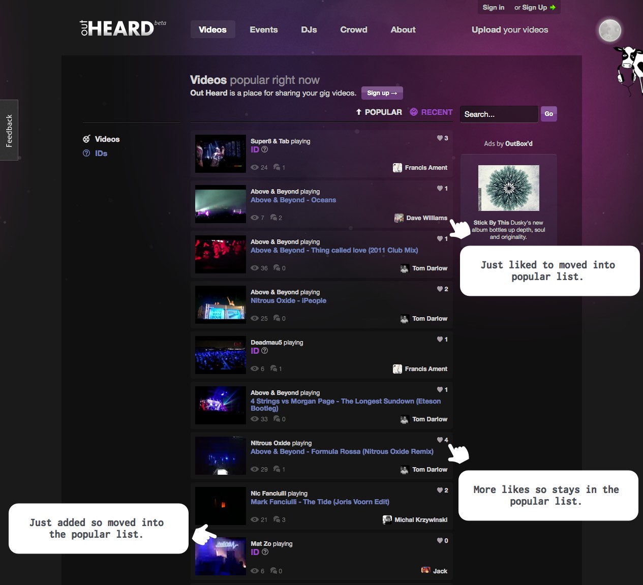 Screenshot of the popular videos on outheard.tv