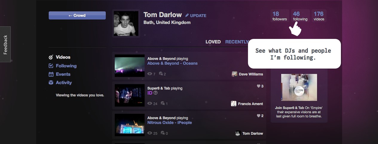 Screenshot of the profile views on outheard.tv