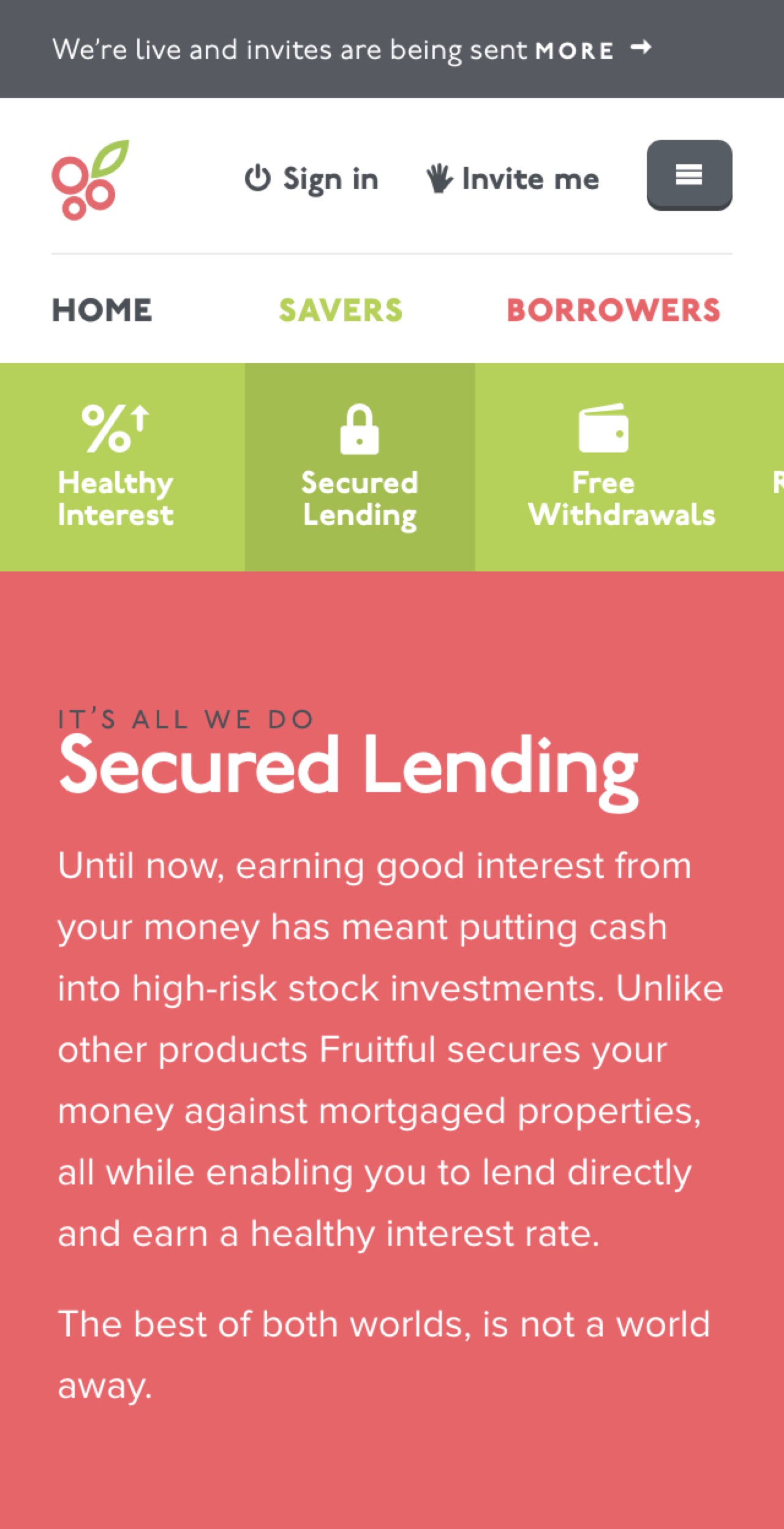 Screenshot of Fruitful’s secured lending screen on mobiles