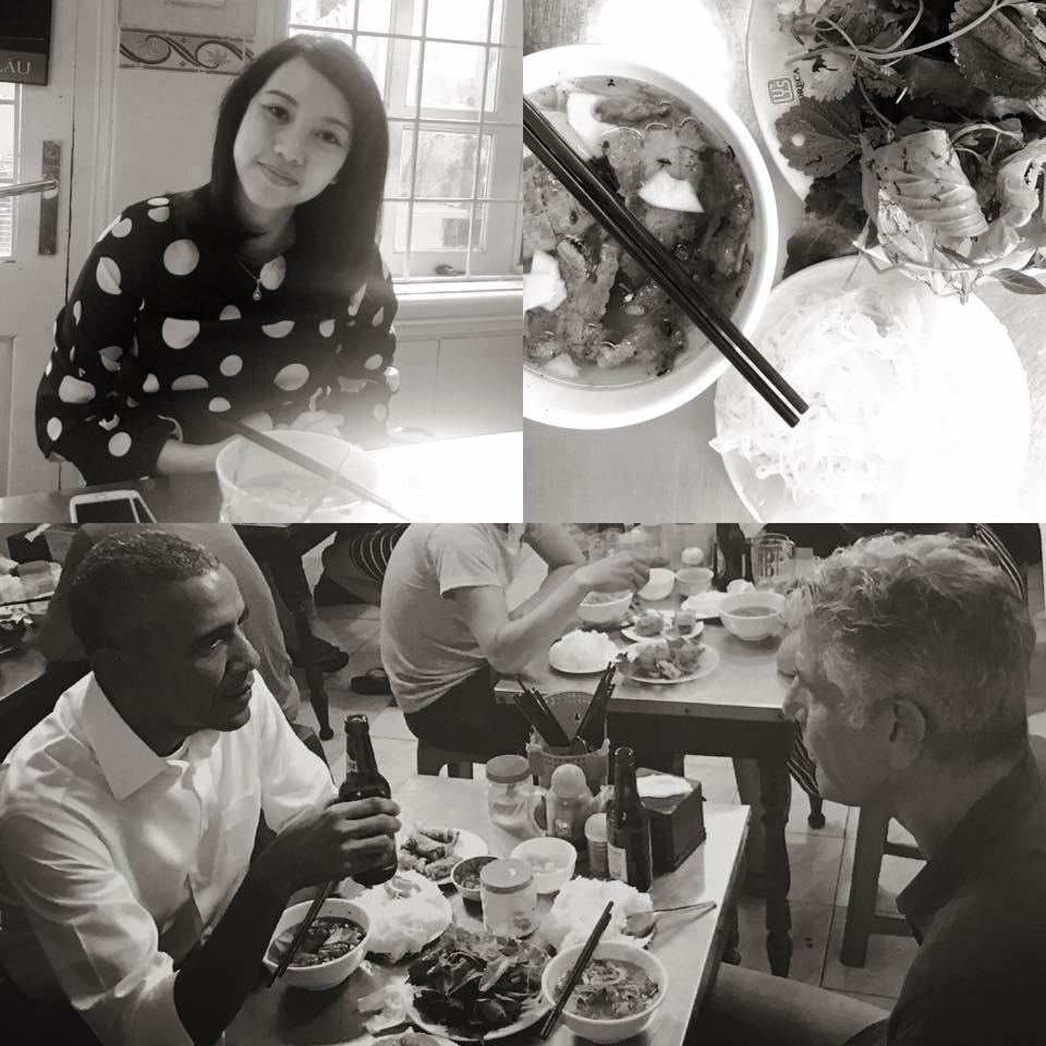 Obama eating noodles at Bún chả Hương Liên